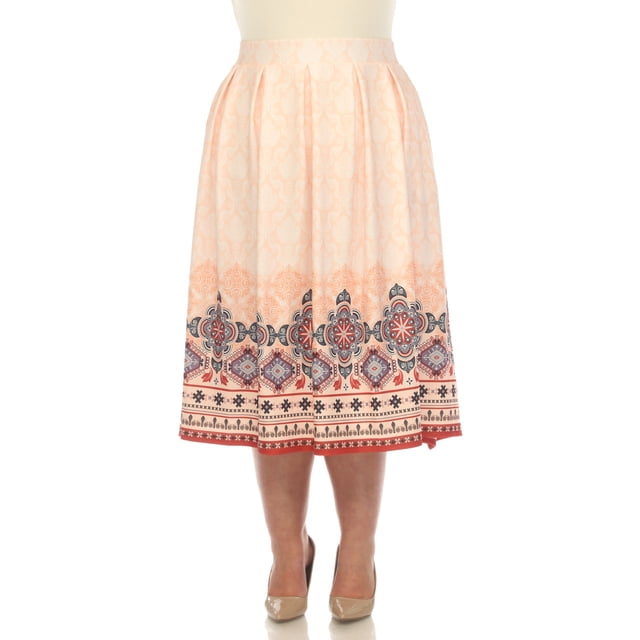 White Mark Plus Size Border Print Pleated Midi Skirt