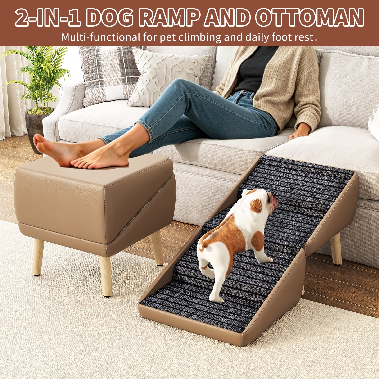 2-in-1 Foldable Dog Stairs & Ottoman, Wooden Non-Slip Pet Steps for Small Dogs, Gradual Slope Pet Ramp for Couch Bed, Furniture-Style Pet Stairs for Puppy Senior Injured Dogs