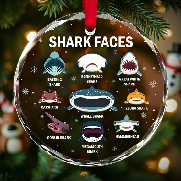 Shark Faces Glass Ornament – Cute Ocean Shark Christmas Tree Decor for Marine Animal Lovers, Kids & Teachers A1