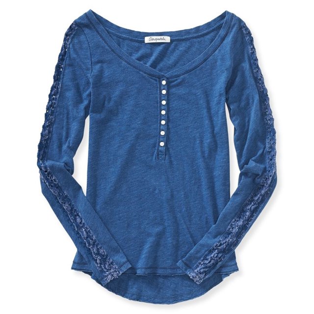 Aeropostale Womens Solid Lace Henley Shirt, Azul, X-Large Aeropostale henley