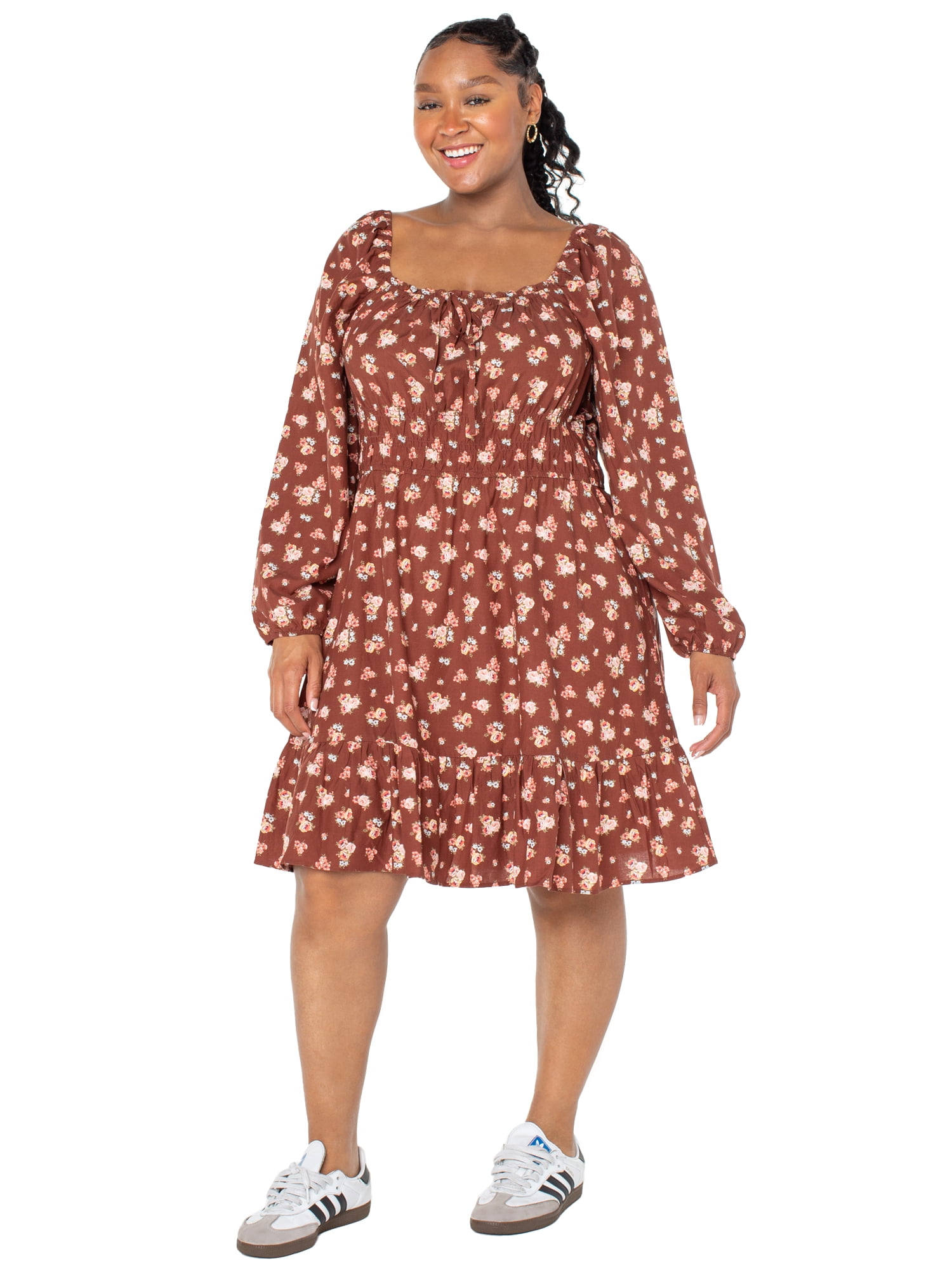 Celebrity Pink Women’s and Women’s Plus Floral Print Babydoll Dress with Long Sleeves, Sizes XS-4X