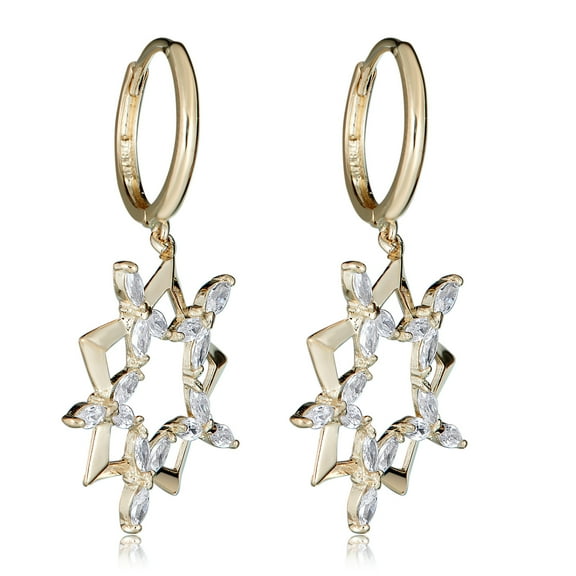 AVORA 14K Yellow Gold Dangling Simulated Diamond CZ Double Star Huggie Hoop Earrings