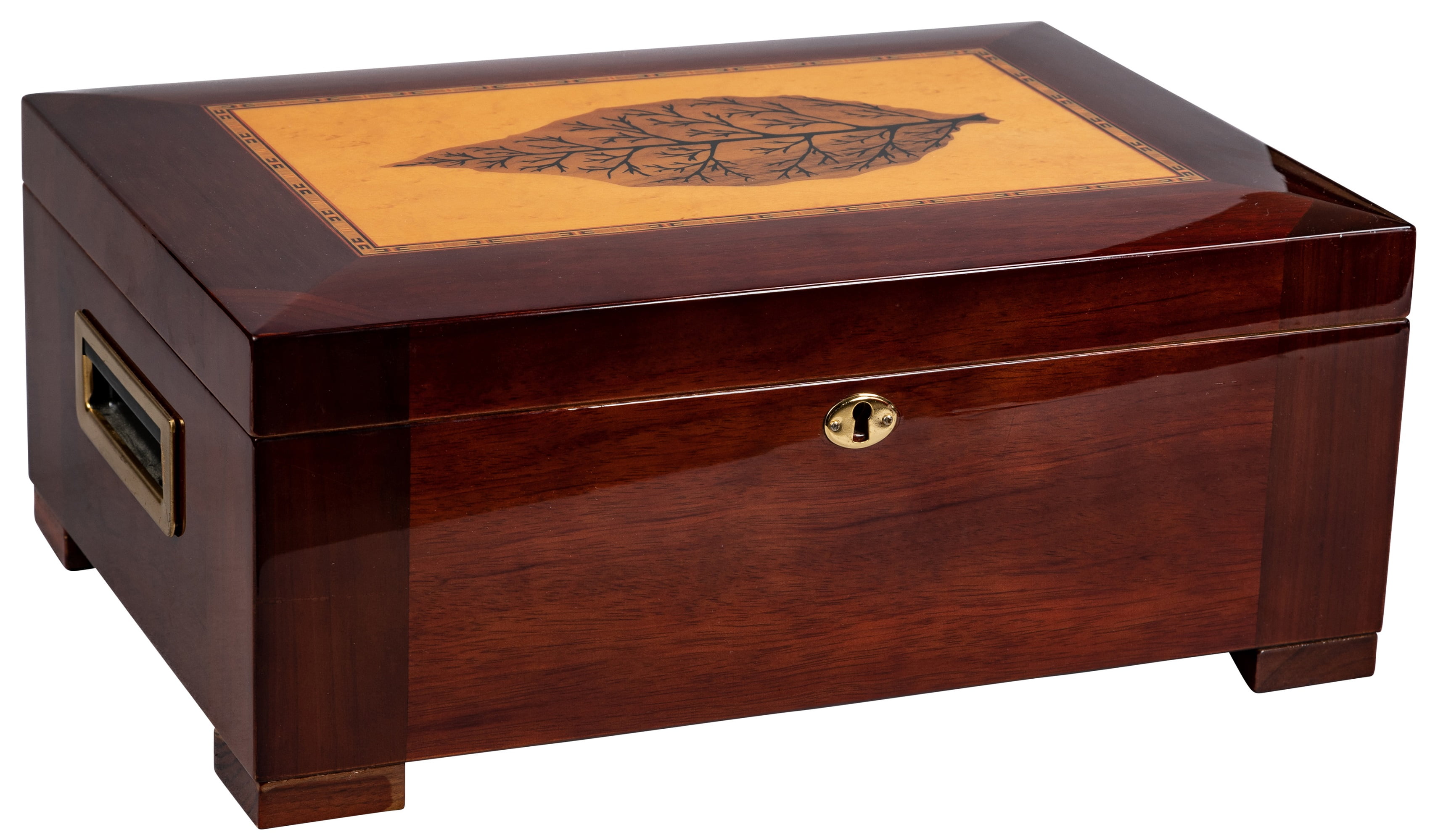 Stetson Dome Shaped Top Cigar Humidor - High Gloss Dark Burl Wood Finish w/Tobacco Leaf Inlay - Capacity: 150