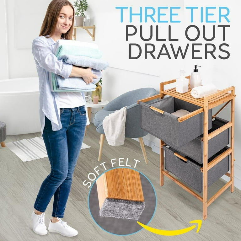 3-Tier Organizer Storage Shelf with Bamboo Frame and Pull Out Fabric  Baskets Storage Drawers Unit,Laundry Towel Hamper Cabinet Tower Three Part
