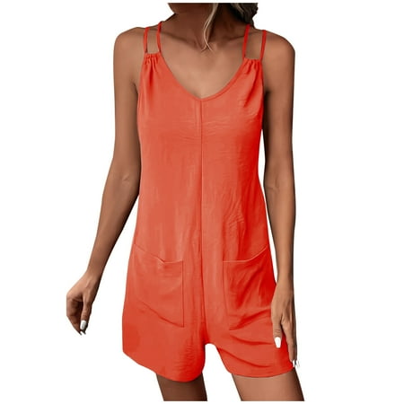 Shorts Rompers for Women Double Spaghetti Strap Bodysuit Solid Color V-Neck Casual Loose Overalls