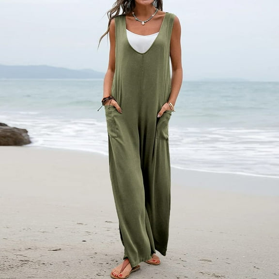 Aboser Baggy Jumpsuits for Women 2024 Summer Wide Leg Rompers Dressy V Neck Overalls Casual Long Pants Jumpsuit with Pockets
