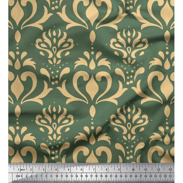 Soimoi Green Silk Fabric Filigree Damask Print Fabric by the Yard 42 Inch Wide
