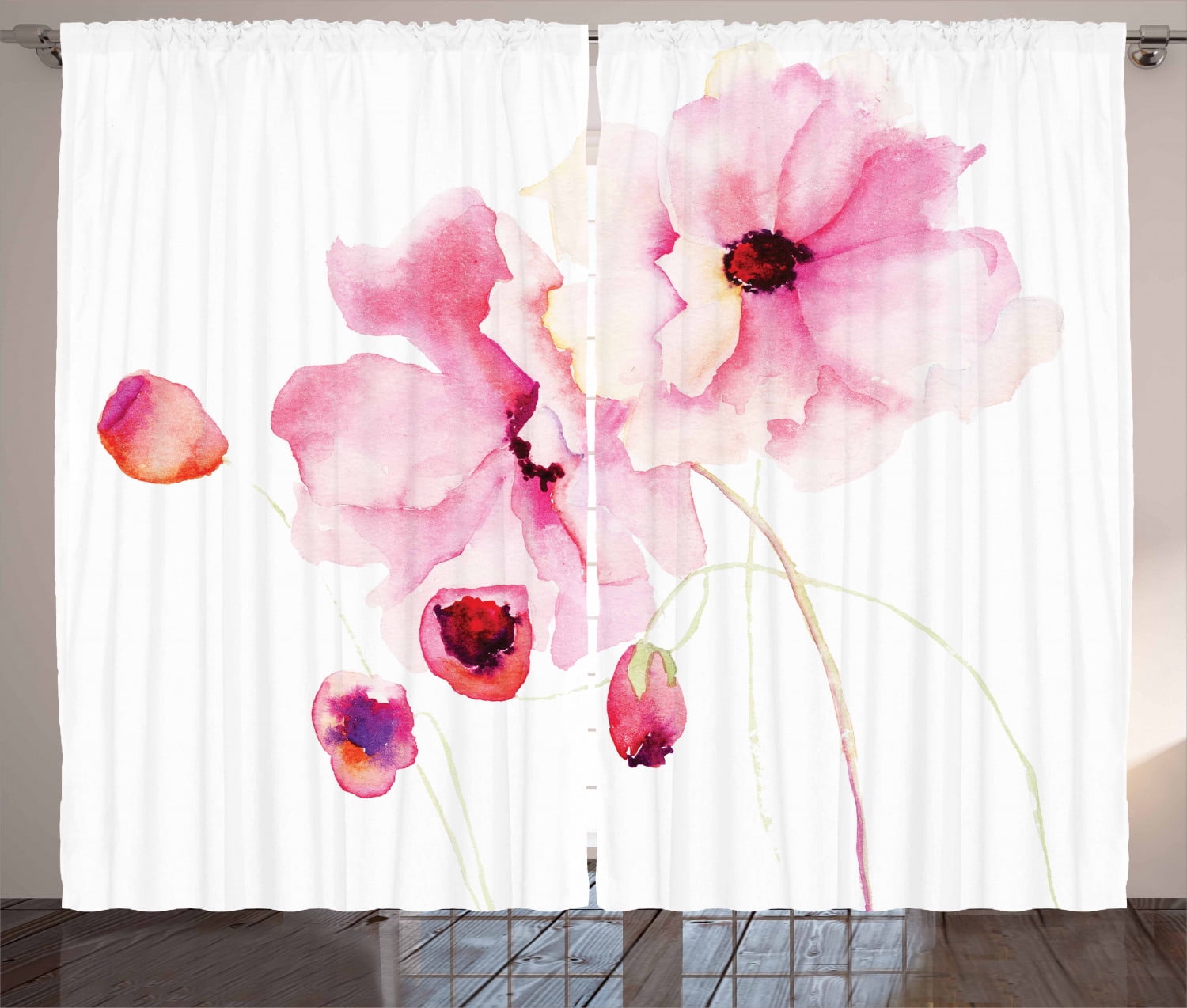 Watercolor Curtains 2 Panels Set, Refined Pale Pink Flowers Hand Drawn
