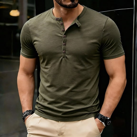 COSFO Summer Tshirts Shirts for Men Cotton Short Sleeve Green Henley Classic T-Shirt Slim Fit Workout Pullover Casual Tops