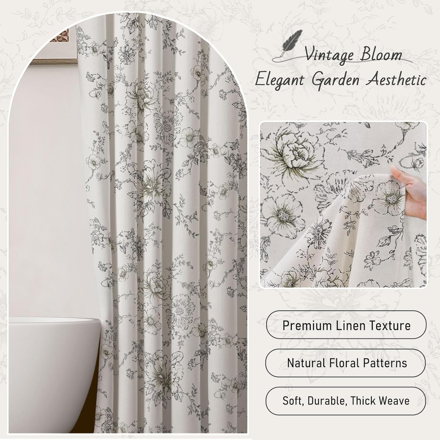Farmhouse Floral Linen Shower Curtain, Vintage Black and White Pattern Rustic Shower Curtains for Bathroom,72x72