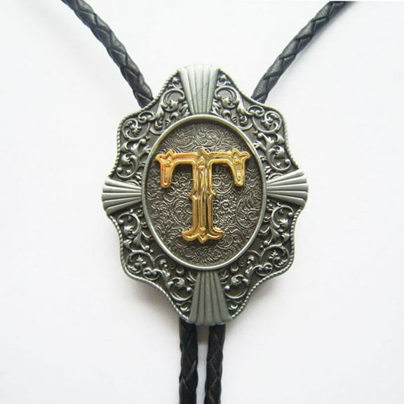 Vintage Style Initial Letter T Leather Bolo Tie