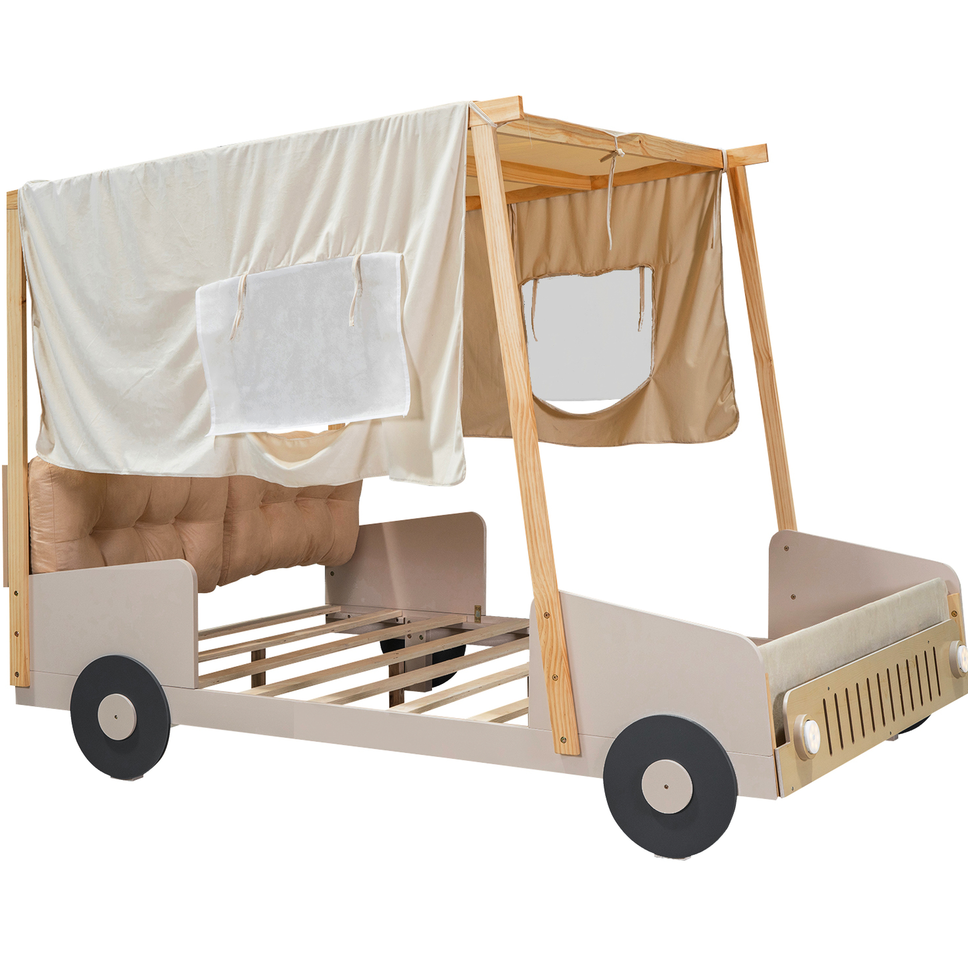 Natural Wood Full Bed With Car Shape Led, Pillow & Magazine Slot Comfort Pillow, Flannel Cloth Led