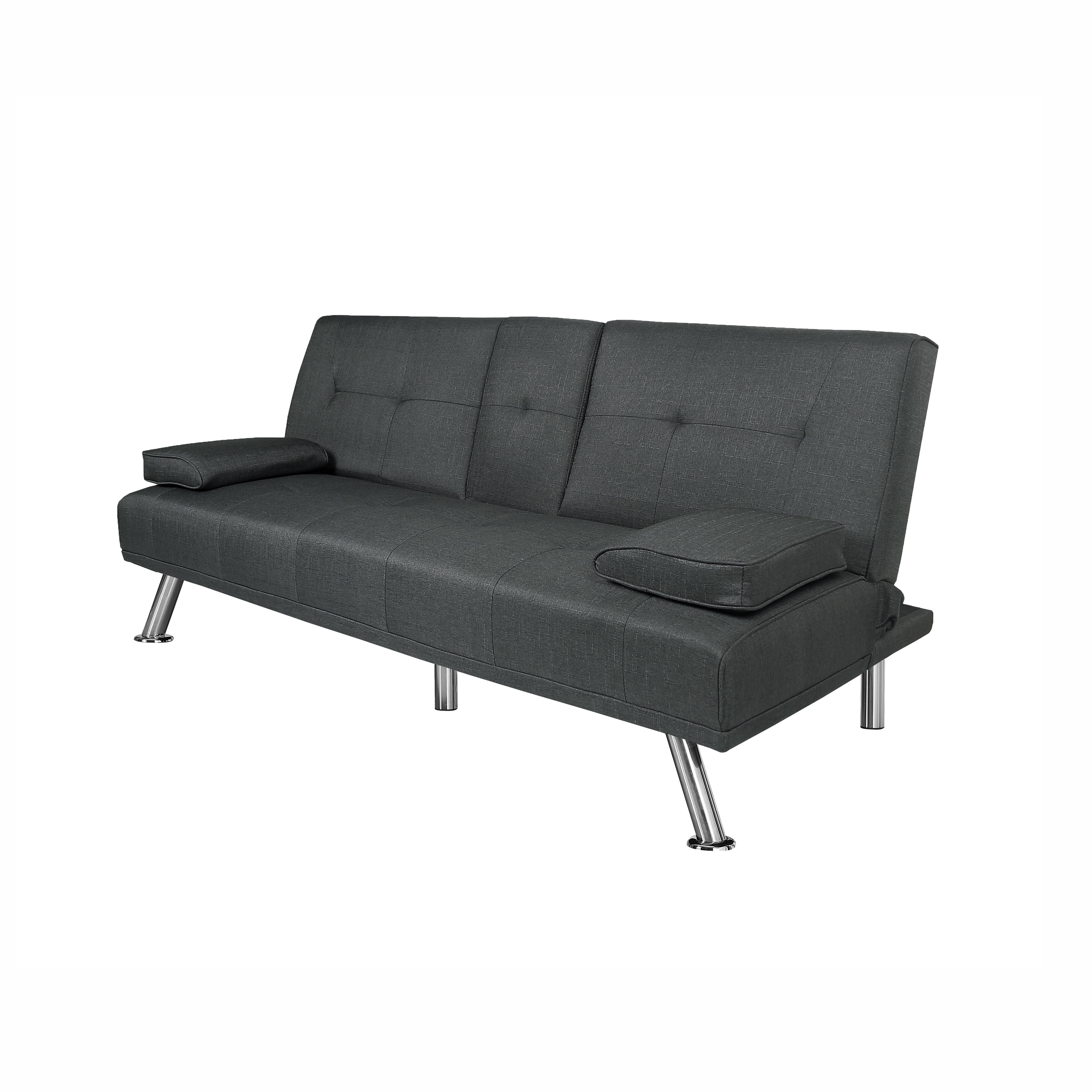 Gewnee 66.3” Futon Sleeper Sofa Bed with 3-Angle Adjustable Backrest,Loveset with 2 Cup Holders for Home,Office,Guest Room(Dark Grey）