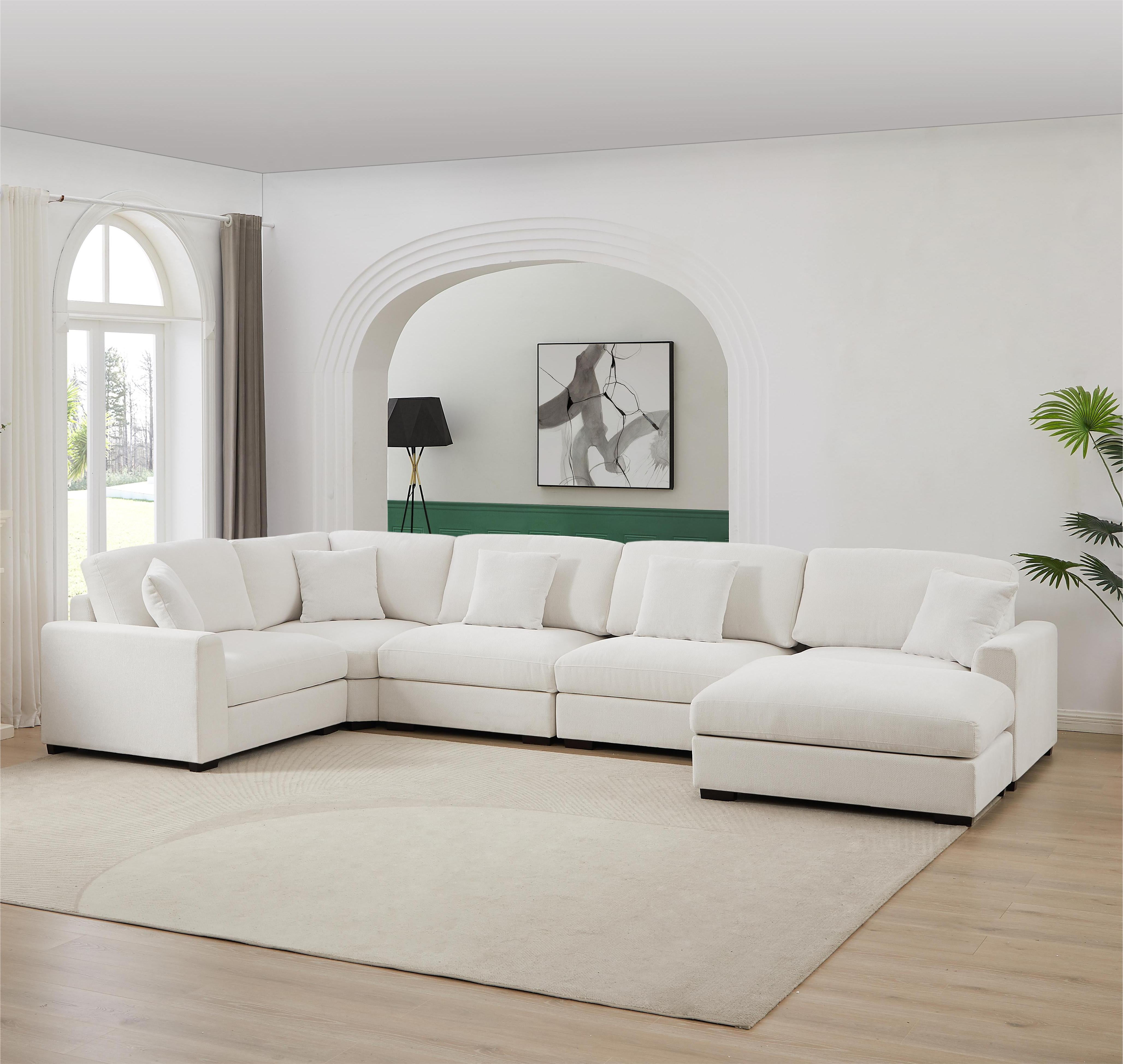 Chenille Reversible Modular 6 Piece Corner Sectional Couch with Ottoman for Comfortable and Versatile Living Room, Family Room, Home Theater, Living Spaces
