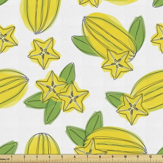 Hawaii Fabric by the Yard, Watercolor Effect Exotic Food Art Carambola Star Fruit on Plain Background, Decorative Upholstery Fabric for Sofas and Home Accents, 5 Yards, Yellow Lime Green by Ambesonne