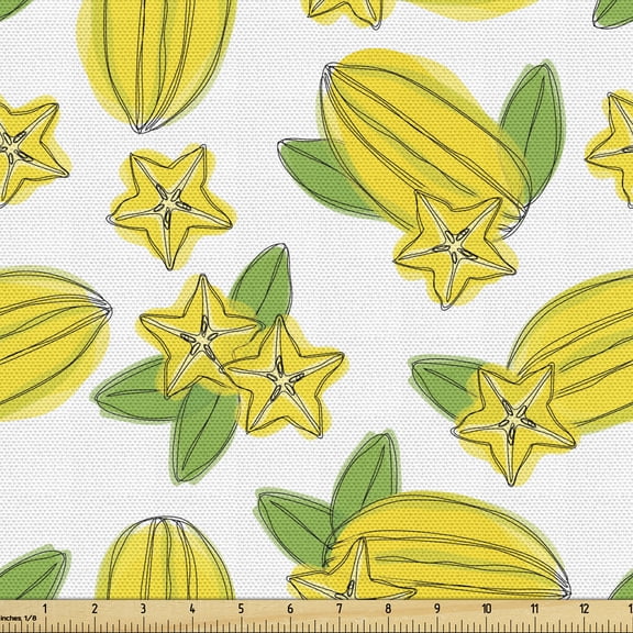 Hawaii Fabric by the Yard, Watercolor Effect Exotic Food Art Carambola Star Fruit on Plain Background, Decorative Upholstery Fabric for Sofas and Home Accents, 10 Yards, Yellow Lime Green by Ambesonne