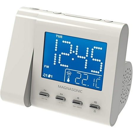 Projection Alarm Clock with AM/FM Radio, Battery Backup, Auto Time Set, Dual Alarm, Nap/Sleep Timer, Indoor Temperature/Date Display with Dimming & 3.5mm Audio Input - White (EAAC601W)