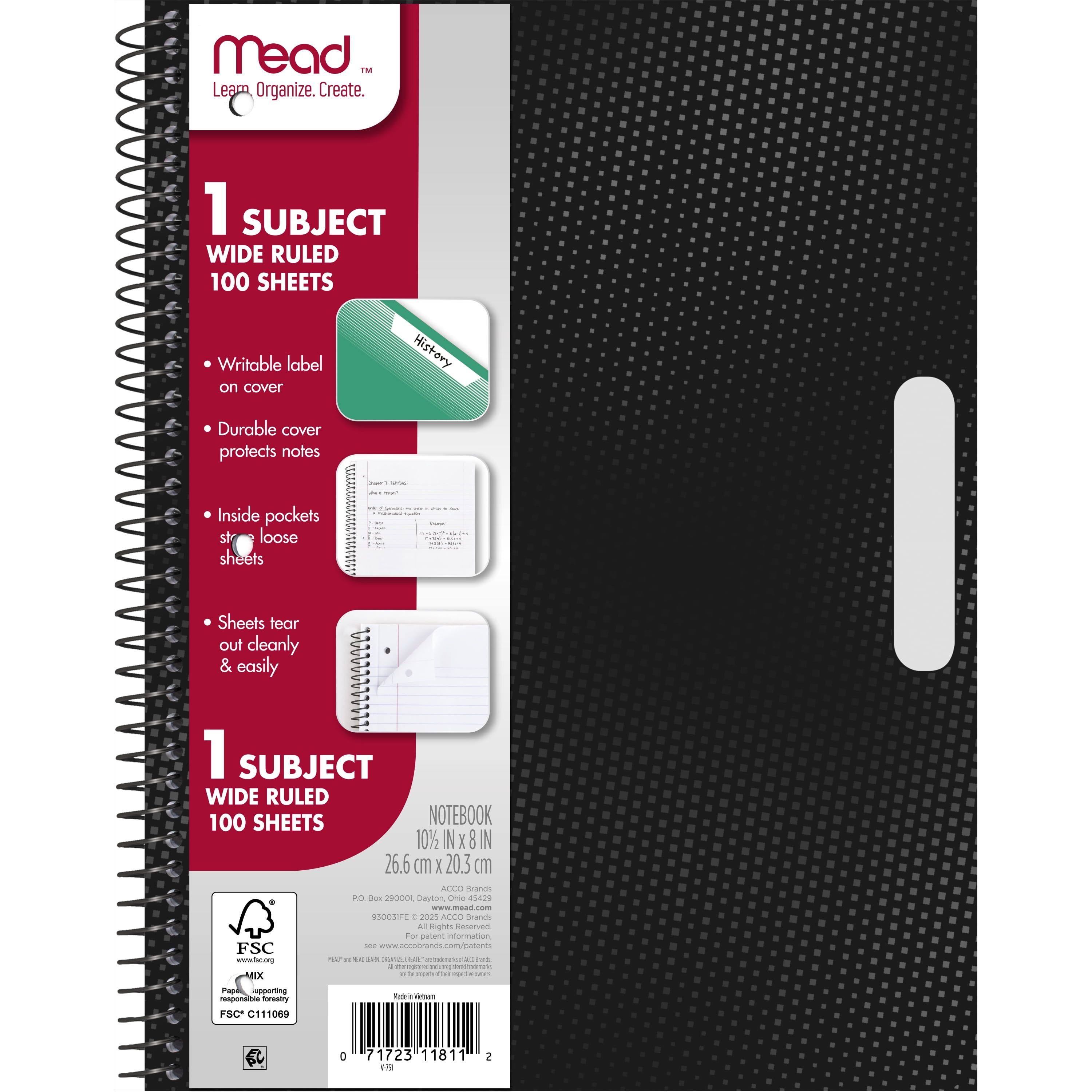 (2 pack) Mead 1 Subject Wide Ruled Notebook, 8" x 10.5", Black, Poly, Spiral, 100 Sheets