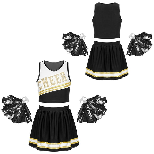 Xnihocha Costume de Cheerleading pour Filles, Uniforme de Chef de Cheerleading, Ensemble de Fête avec Jupe Plissée et Pompons Noir 14