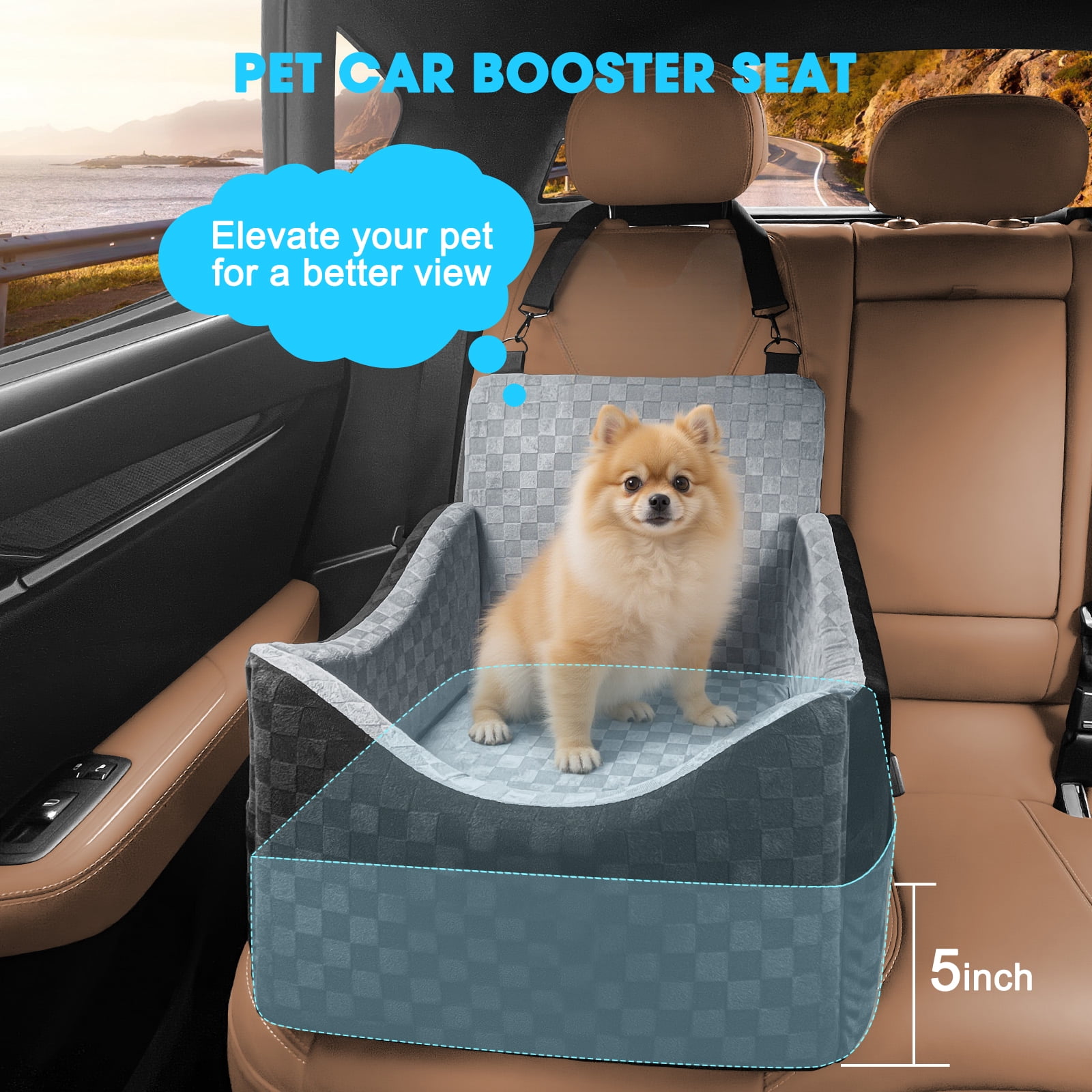 Dog Booster Car Seat for Small Medium Dogs, Washable Dog Car Seats with Detachable Cover, Egg Crate Foam Puppy Car Seat, Portable Pet Car Seat, Safety Belts, Storage Pockets, up to 30 lbs, Medium