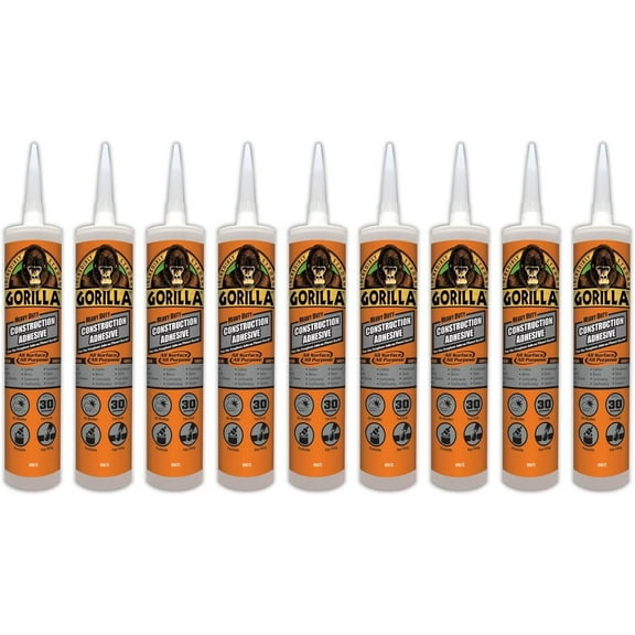 Gorilla Heavy Duty Construction Adhesive, 9 ounce Cartridge, White, Pack of 9
