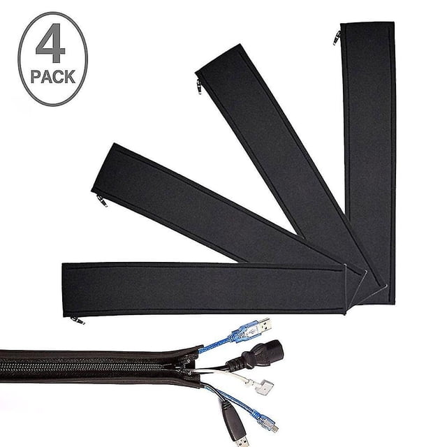 Funda para cables con cremallera de Wrap-It Storage - (paquete de 4) negro - Organizador de cables y protector de cables para escritorio, computadora
