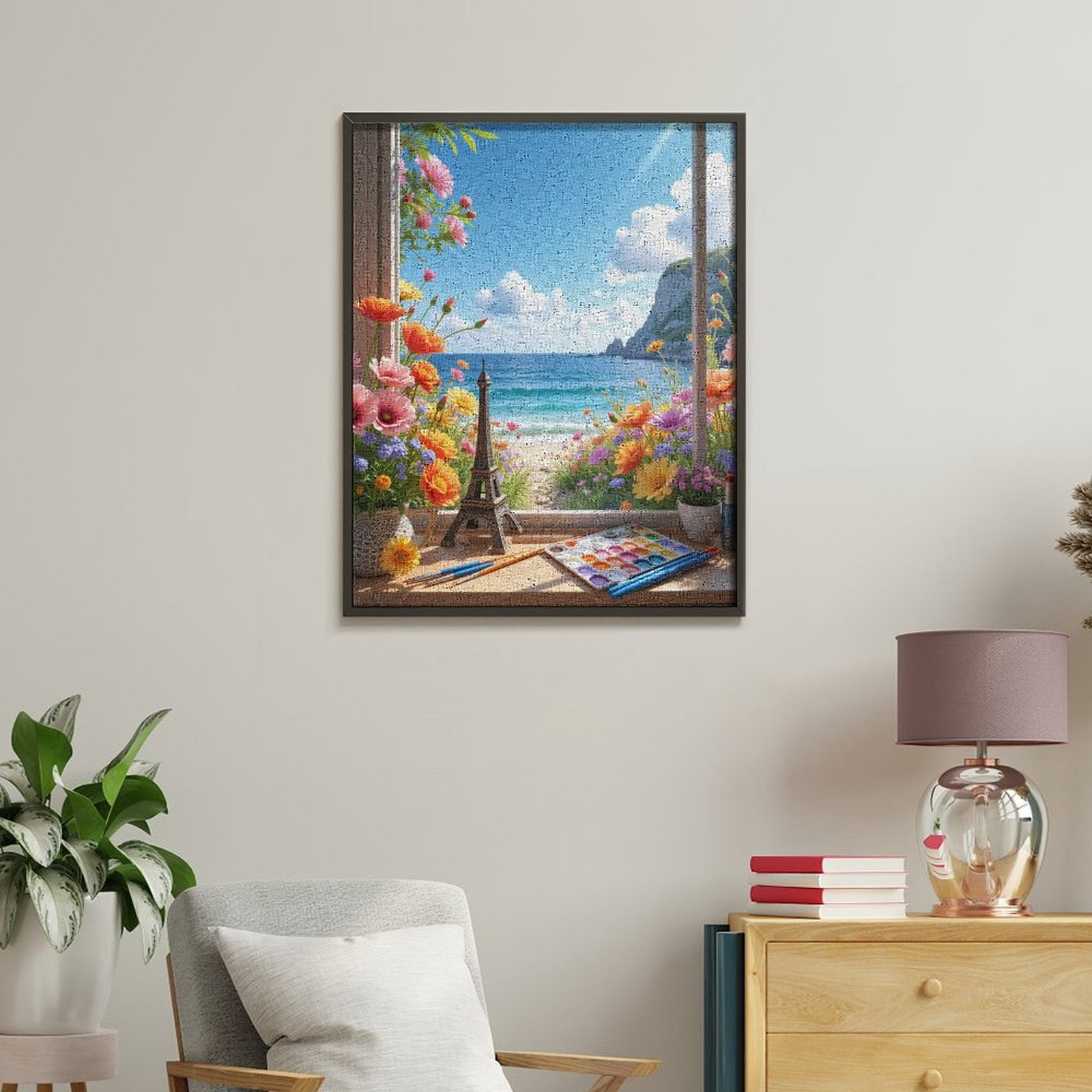 Paint By Numbers Kit for Adults Beginner - Seaside Art Flowers Eiffel Scenery DIY Canvas Painting Kits for Adults, Frameless Paint By Number for Adults for Home Wall Decor 16x20 Inch