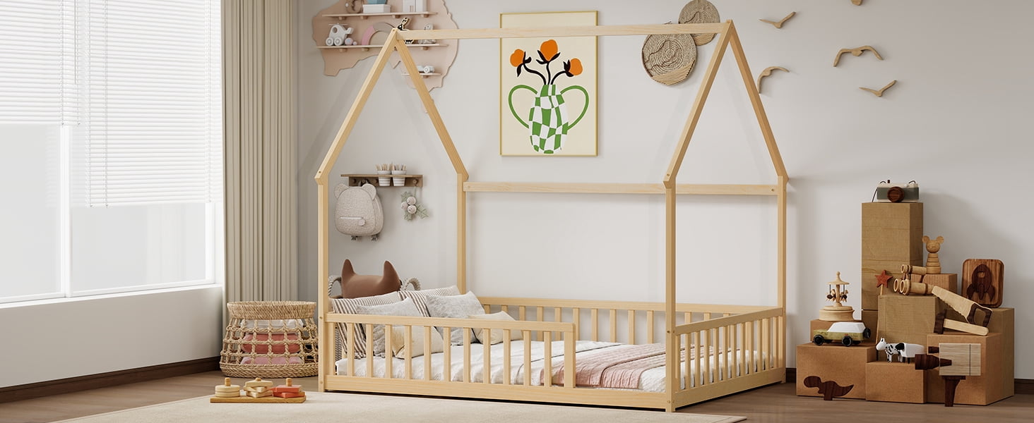 Mintazer Full Size House Toddler Floor Bed with Guardrails, Kids Montessori Low Bed with Roof Frame for Bedroom Playroom, Natural