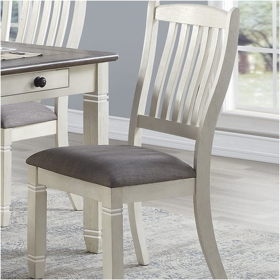 JERFIT Farmhouse Dining Chairs Set of 2, Antique White Wood Kitchen Side Chairs with Gray Fabric Upholstered Seats