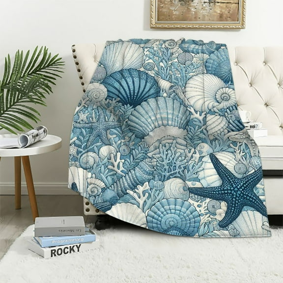 COMIO Coastal Throw Blanket,Beach Seashell Starfish Coral Blanket,Sea Ocean Theme Blankets for Women Men Adult Living Room,Navy Sketch Nautical Sherpa Blanket