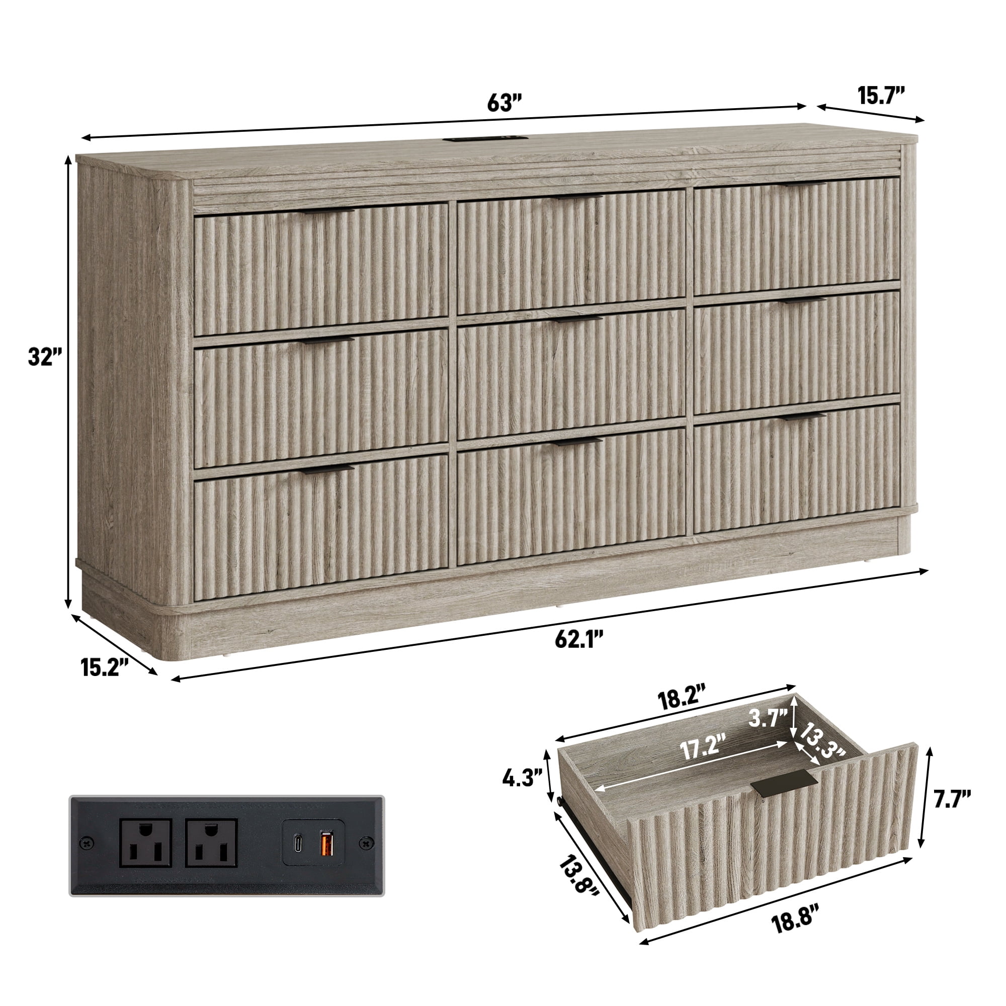 Blotout Fluted 9 Drawers Dresser for Bedroom, 63'' W Chest of Drawers with Power Outlet&Metal Handle, Fluted Fronts, Modern Dresser TV Stand, Wood Clothes Storage Organizer for Living Room, Hallway