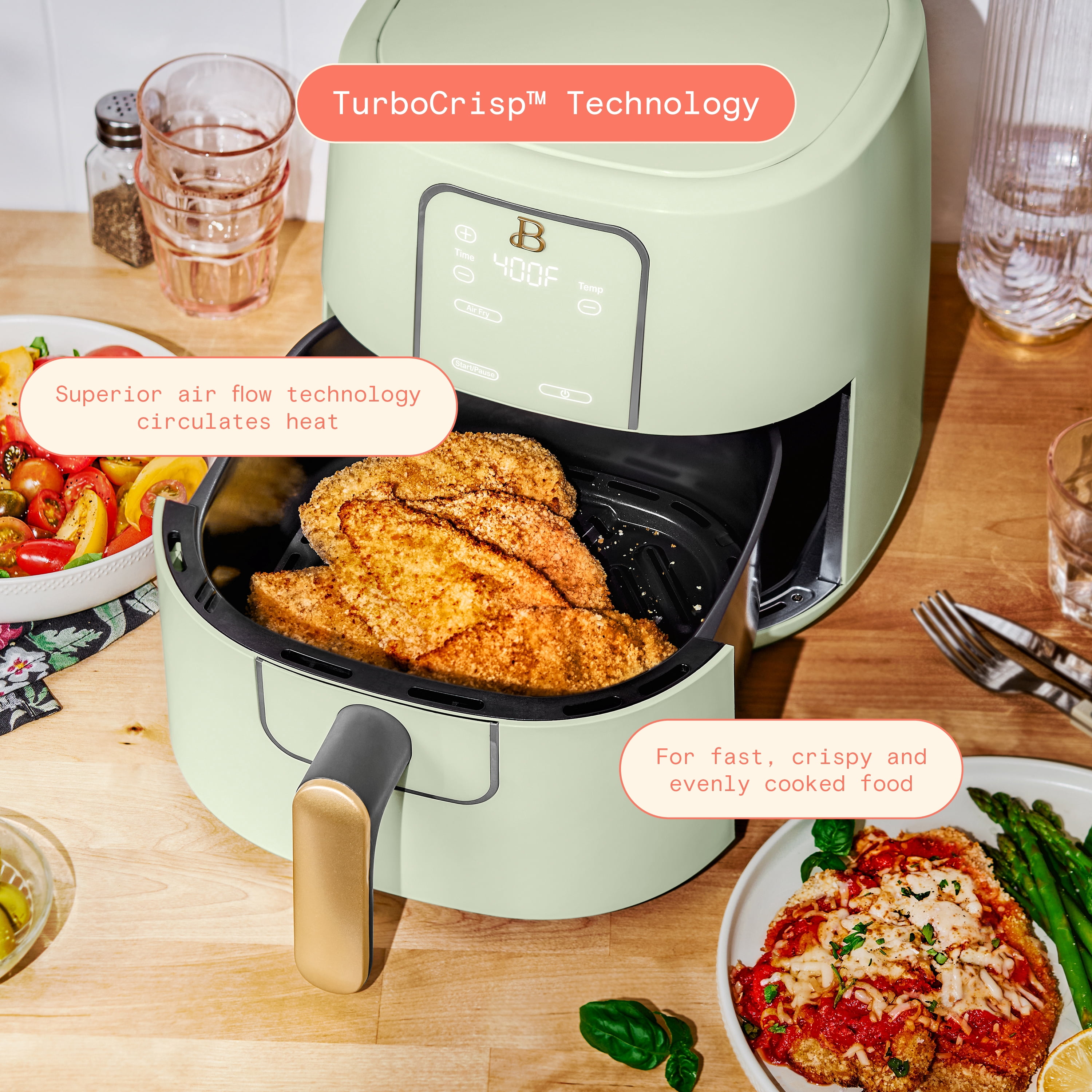 Beautiful 6 Qt Air Fryer with TurboCrisp Technology, EverGood Non-Toxic Ceramic Nonstick Coating, Sage Green by Drew Barrymore
