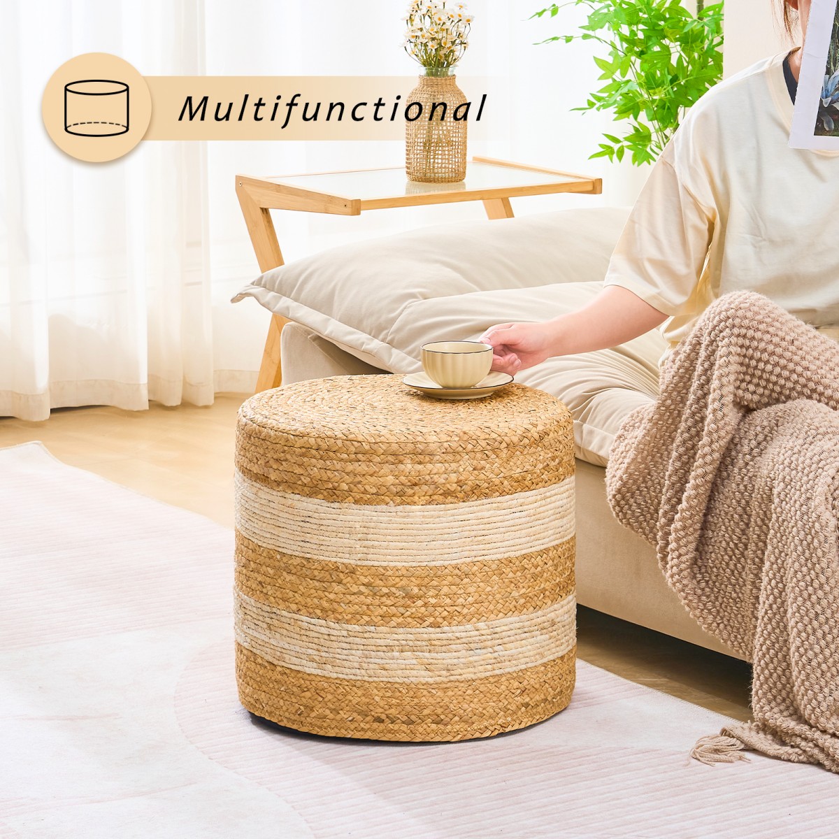 IVV 17.7" Round Ottoman, Handmade Woven Water Hyacinth Foot Stool, No Assembly, for Home Decor & Seating (Natural & Beige)