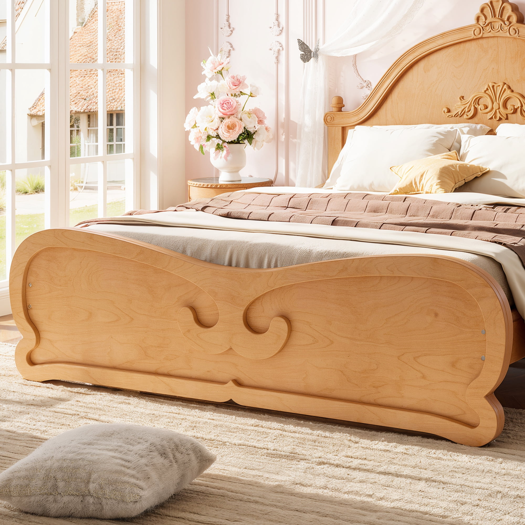 GARITIN Full Vintage Carved Platform Bed with Headboard, Solid Wood Bed Frame with Slatted Support, Low Profile Platform Bed, No Box Spring Needed, Natural