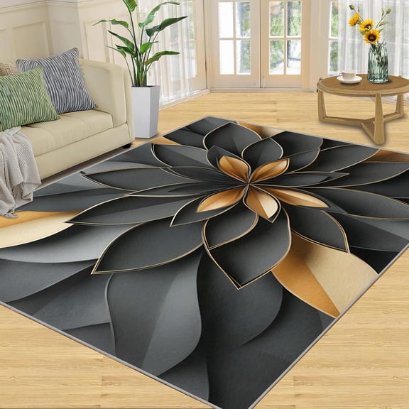 Rug Luxury Dahlia Gifts Home Decor, Black and Gold Floral Area Rug, Washable Rugs for Bedroom, Nordic Modern Rugs for Living Room, Non Slip Indoor Carpet-4' x 5'