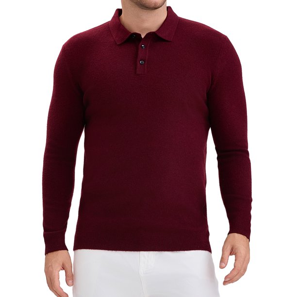 Camisa polo de punto de negocios de color sólido de manga larga para hombre XL burdeos