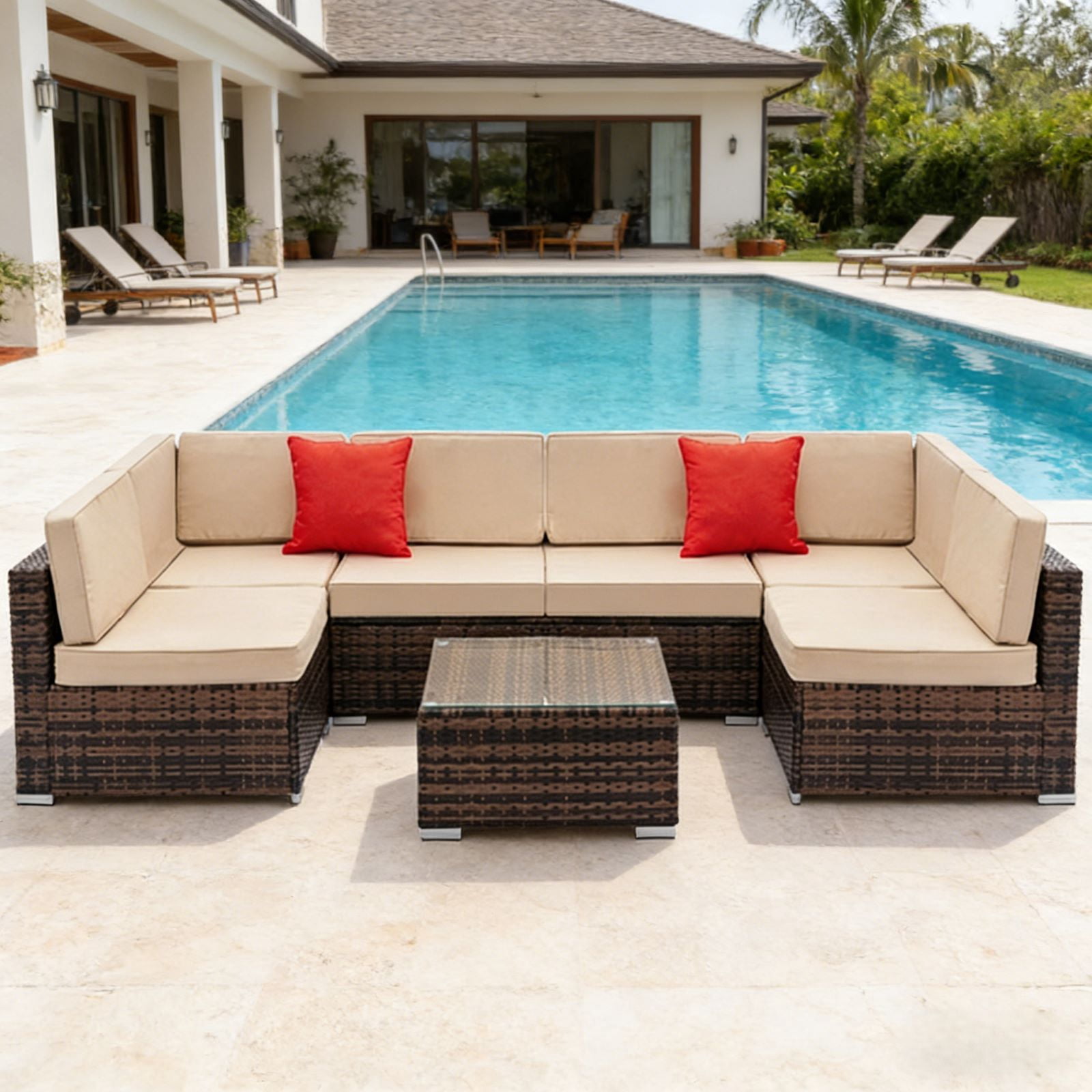 Ktaxon 7 PCS Patio Sectional Rattan Furniture Set PE Rattan Outdoor Wicker Furniture Couch Set  w/ Cushions for Deck Poolside