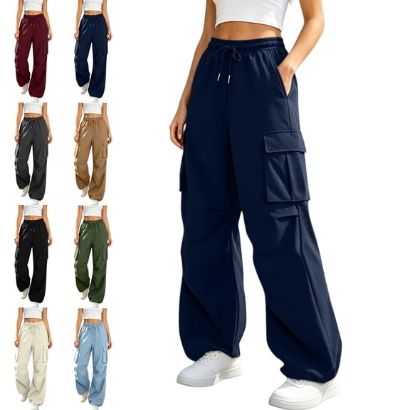 Womens Trendy Drawstring Cargo Pants Elastic Waist Multi Pocket Adjustable Ankle Casual Solid Joggers
