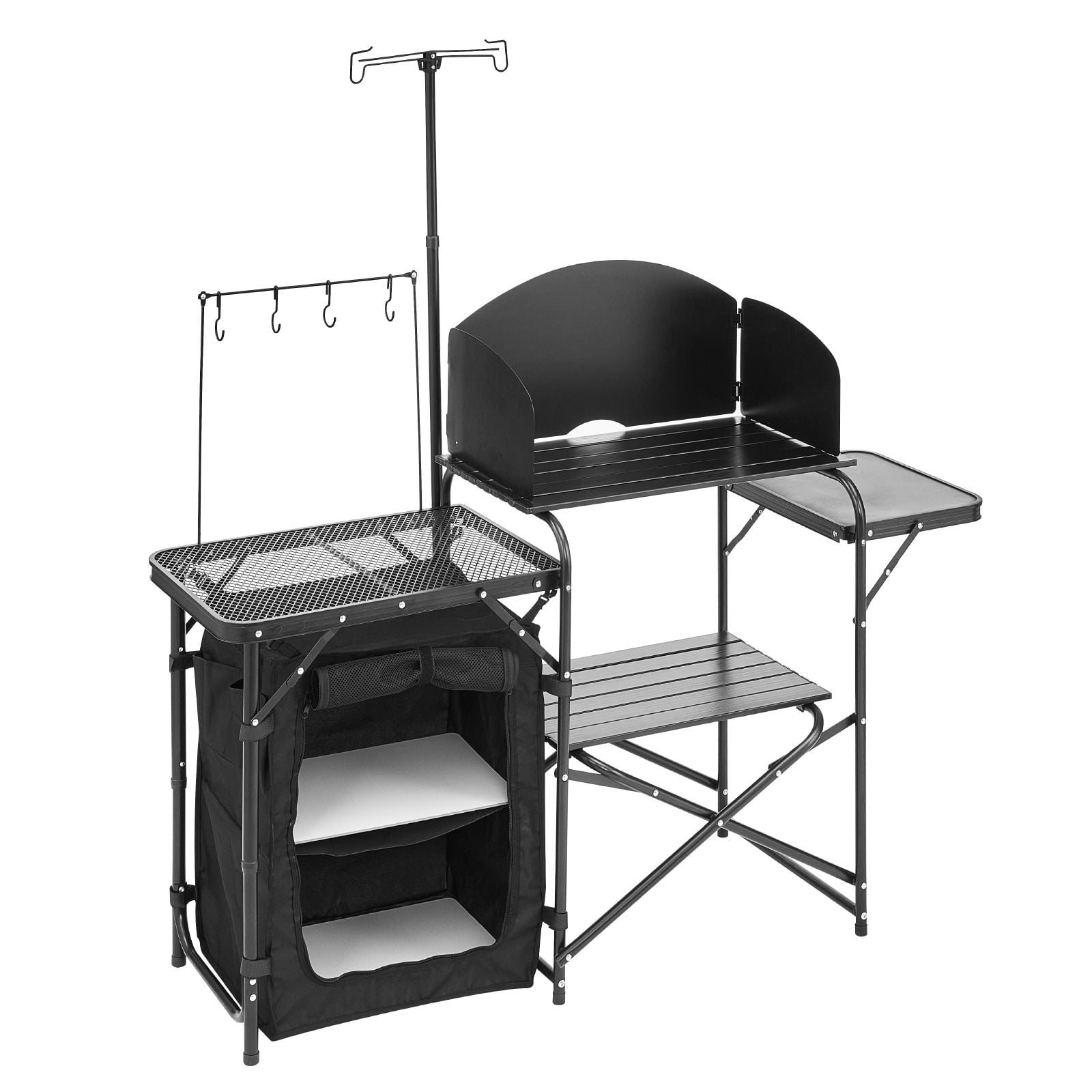 Camping Kitchen Table, Outdoor Camp Cooking Table, Aluminum Portable Cook Station with Storage Cupboard, Carrying Bag, Detachable Windscreen, Quick Set-up for BBQ Party Picnic RV Travel, Black