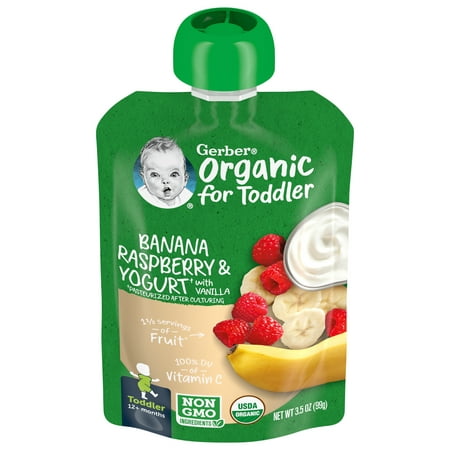 Gerber Organic Banana Raspberry &amp; Yogurt with Vanilla Toddler Food, 3.5 oz Pouches, 12 Count