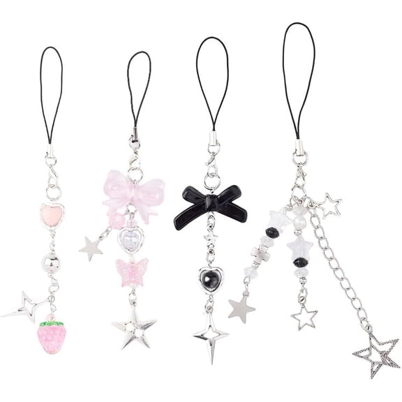 4Pcs Phone Charm Strap 148x17x8mm Acrylic Bowknot Alloy Star Pattern Cool Pendant Decorations for Cell Phone Bag Card Book Ornaments