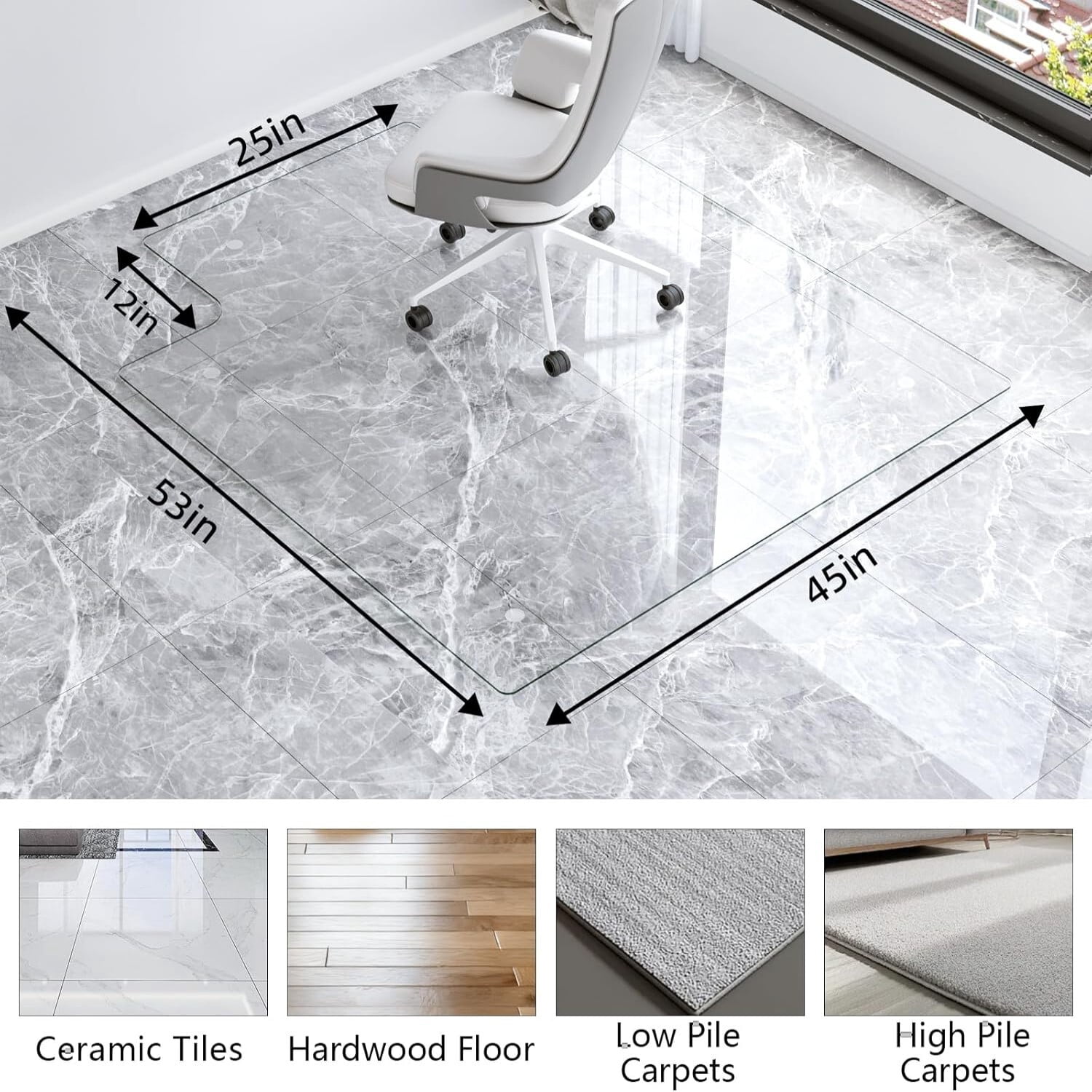 Easy4Home 53"x45" Glass Chair Mat for Office Chairs, Irregular Shape Tempered Glass Floor Protector Heavy Duty Desk Chair Mat, Clear