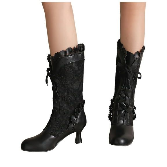 Women's Mid Calf Boots Vintage Retro Lace Kitten Heel Witchy Granny Combat Dress Boots for Women Wedding