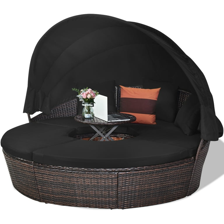 Costway patio rattan daybed cushioned sofa adjustable table top canopy black deals