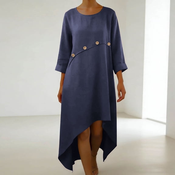 YueHuiYing Women's Solid-Color Loose-Fit Casual Cotton-Linen Blend Asymmetrical Hem 3/4 Sleeve Round Neck Dress