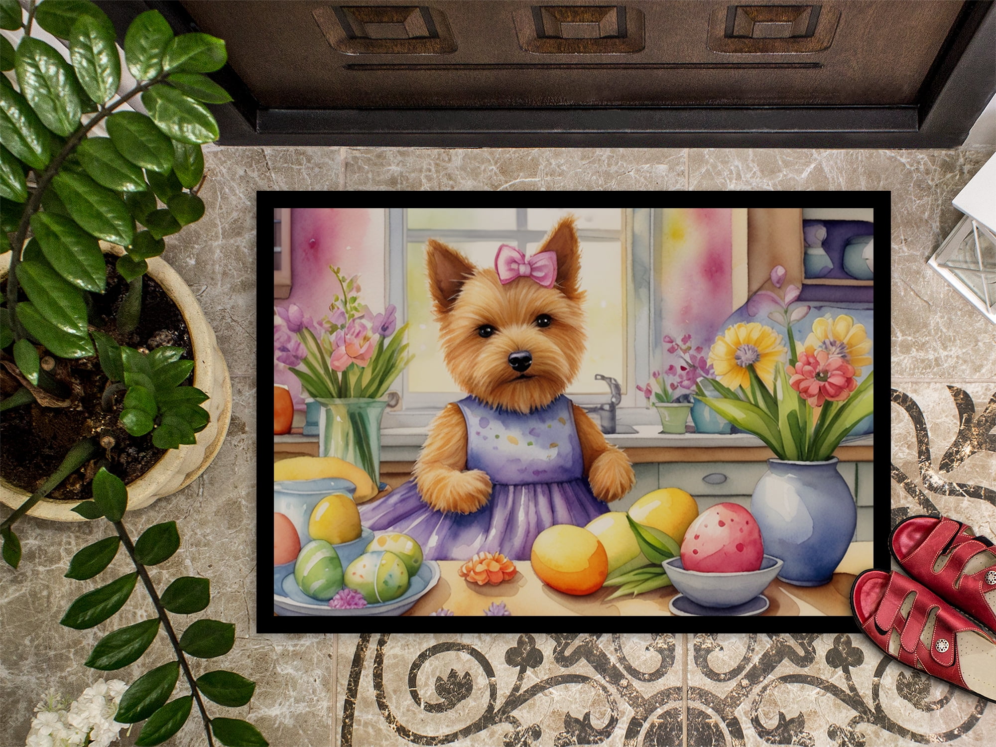 Decorating Easter Yorkshire Terrier Doormat