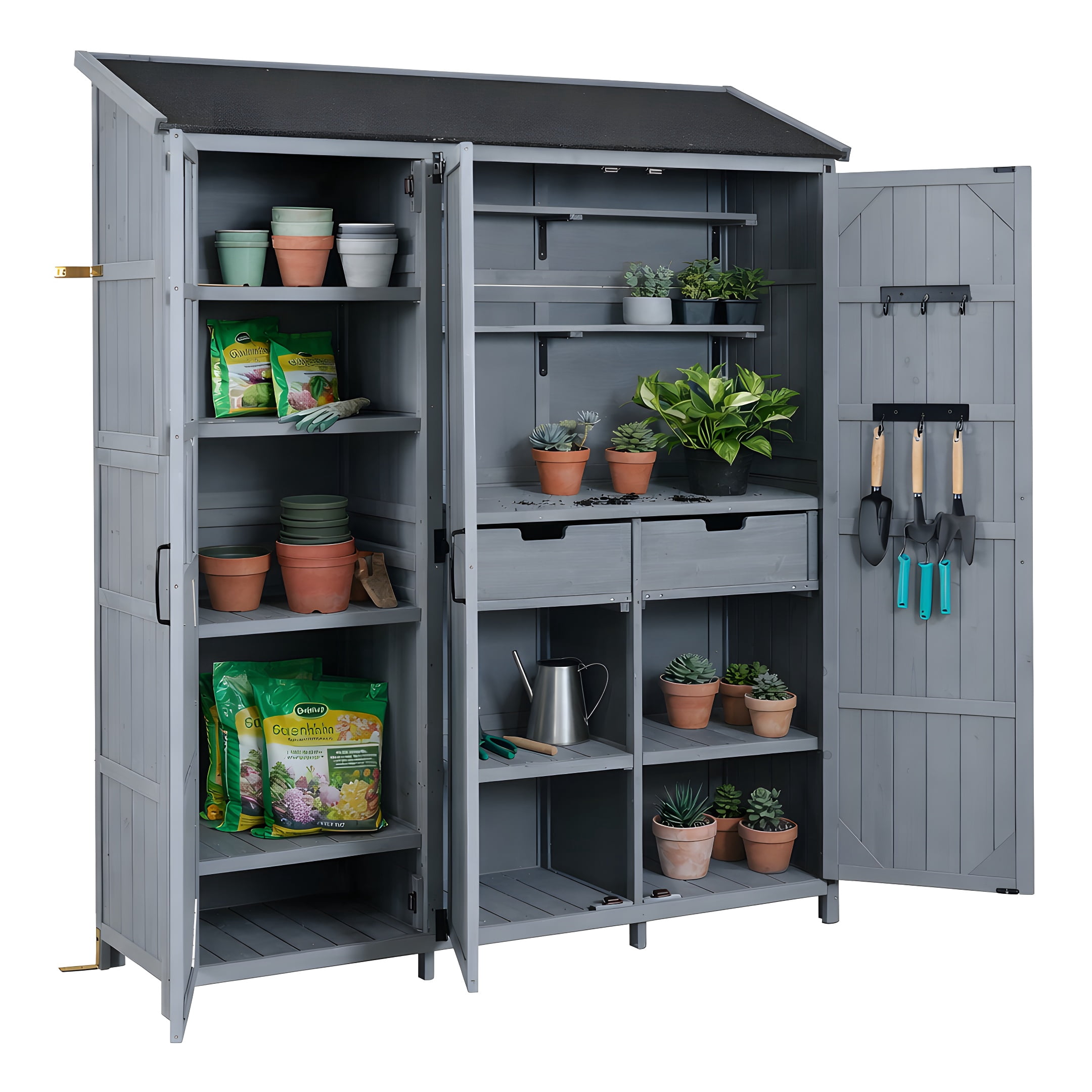 Harper & Bright Designs Patio Garden Shed Storage, Wood Outdoor Storage Cabine with Doors and Shelves Drawers, Tall Patio Shed with Workstation and Waterproof Roof for Backyard, Gray