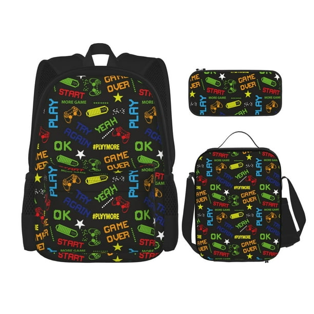 Balery Pixel Game Mochila escolar 3 en 1 para niños: mochila resistente con lonchera térmica y estuche para lápices. Mochila escolar para niños y niñas.