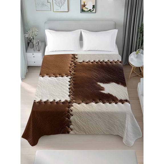 Brown White Leather Texture Queen Size Flat Sheet, Wrinkleproof & Fadeproof Cooling Flat Bed Sheet Only, Abstract Art Cowhide Breathable Soft Bedding Top Sheets 90 x 102 Inches