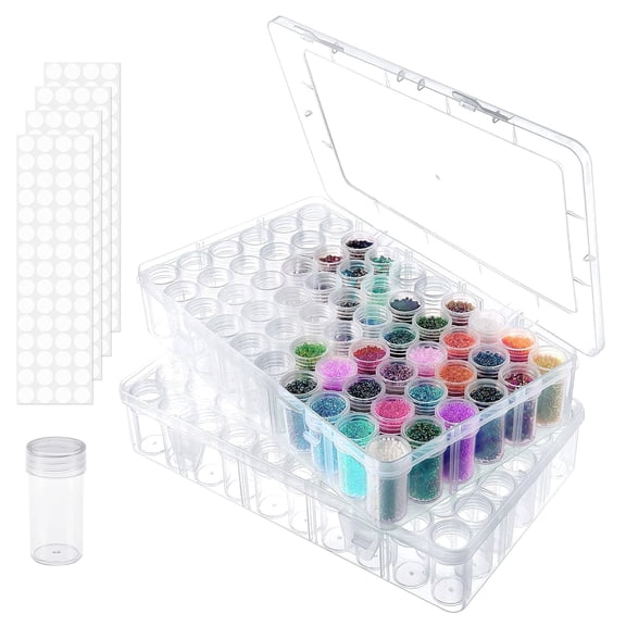 2 Pack 60 Grids Diamond Painting Storage Containers with Label Stickers, Clear Bead Storage Containers Box, Diamond Art Organizer Case for Drill Jewelry Craft Dots DIY Accessories